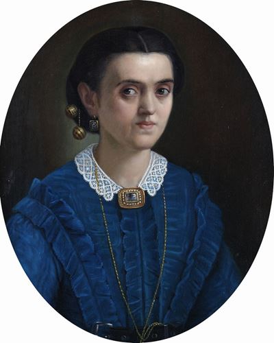 Ritratto Ovale di Giovane con Gioielli ed Abito Blu