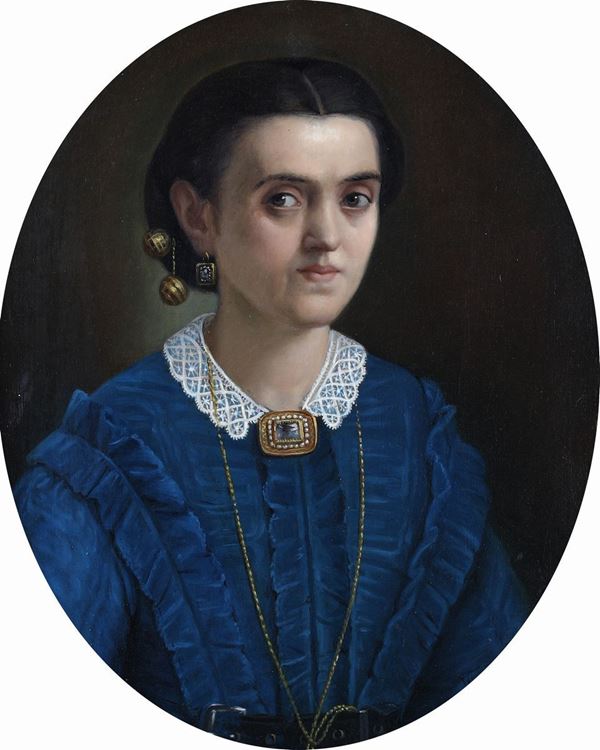 Pittore del XIX secolo - Ritratto ovale di giovane con gioielli ed abito blu