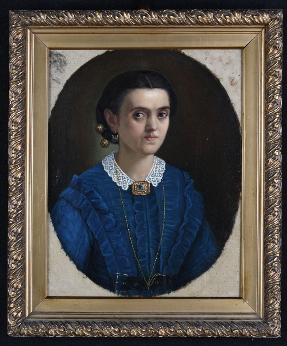 Pittore del XIX Secolo - Ritratto Ovale di Giovane con Gioielli ed Abito Blu