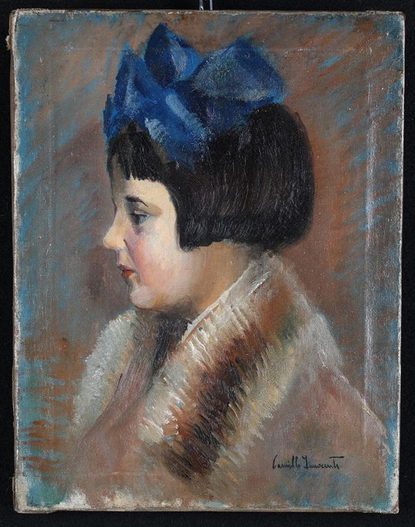 Camillo Innocenti - Profilo di bimba con fiocco blu