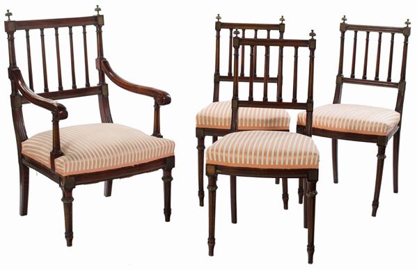 Tre sedie e una poltrona in mogano, XIX secolo