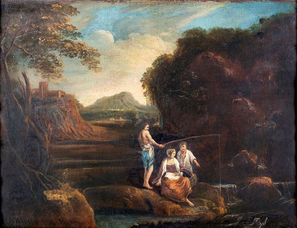 Pittore della fine del XVIII secolo - Paesaggio fluviale con figure in primo piano