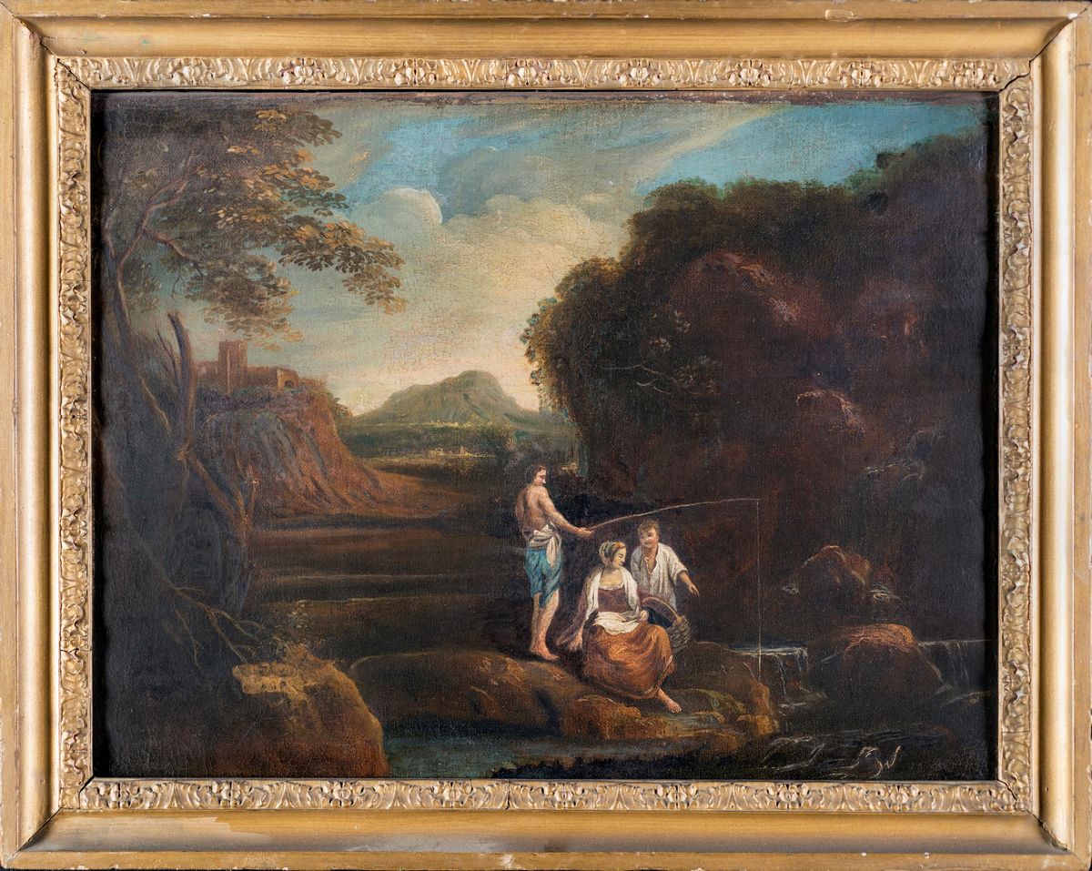 Pittore della Fine del XVIII Secolo - Paesaggio Fluviale con Figure in Primo Piano