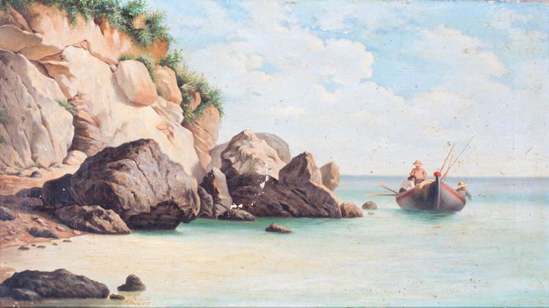Pittore della Fine del XIX Secolo - Marina con Pescatori