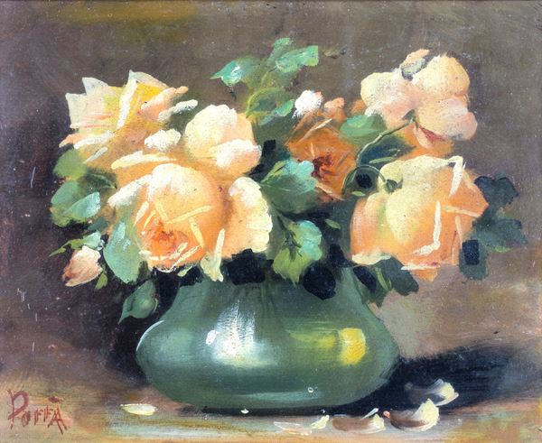 Pittore del XX secolo - Vaso di rose gialle