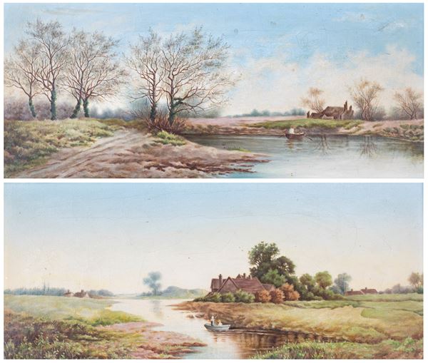 Pittore del XIX secolo - Paesaggi fluviali con imbarcazioni e casolare