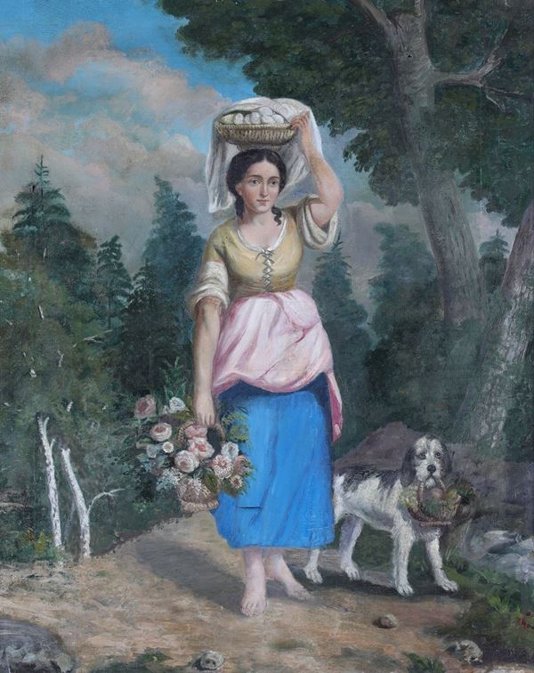 Pittore del XIX secolo - Giovane donna con cane e ceste
