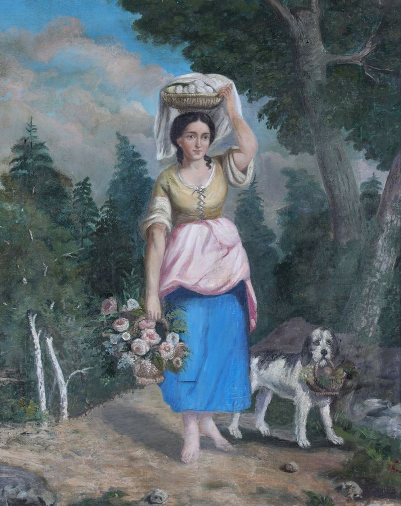 Pittore del XIX Secolo - Giovane Donna con Cane e Ceste