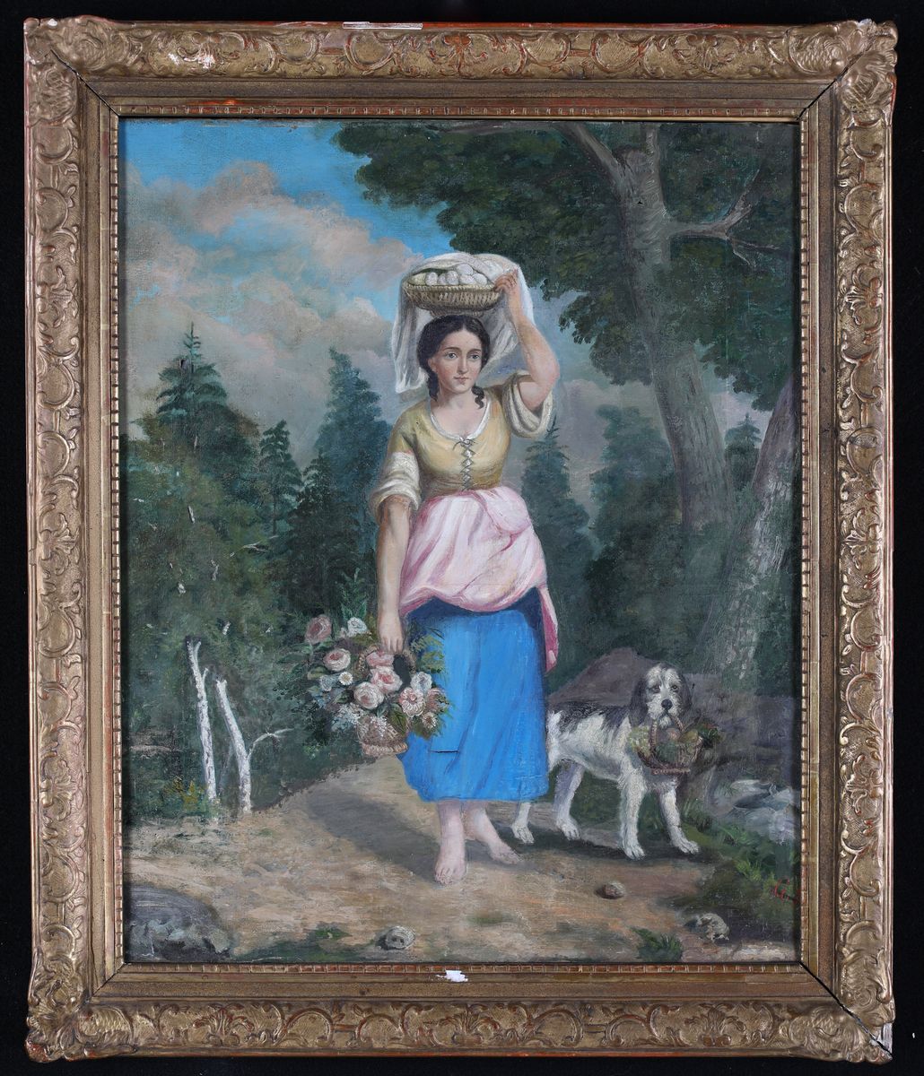 Pittore del XIX Secolo - Giovane Donna con Cane e Ceste