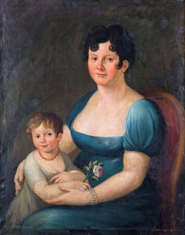 Pittore Neoclassico - Ritratto di madre e figlia