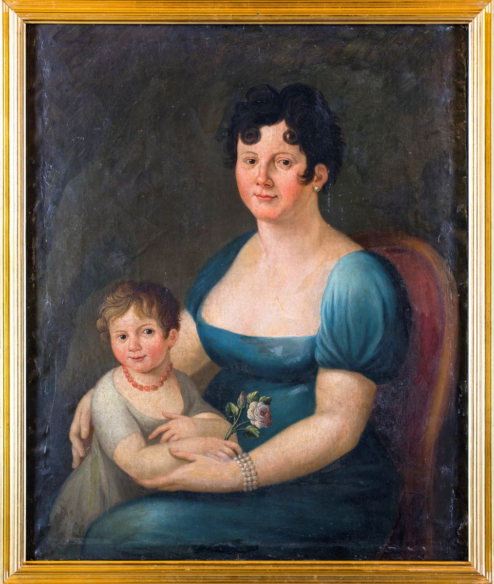 Pittore Neoclassico - Ritratto di Madre e Figlia