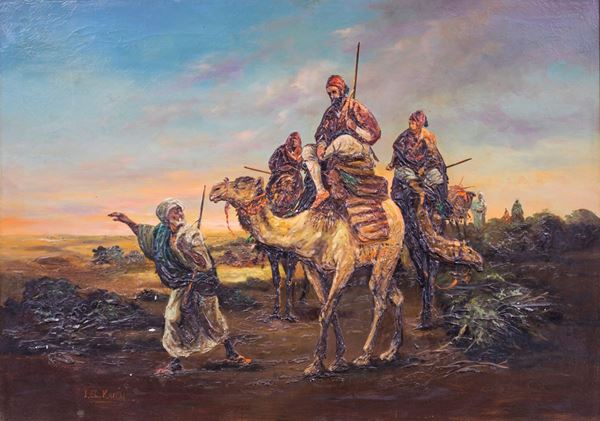 Pittore orientalista del XX secolo - Carovana di cammelli