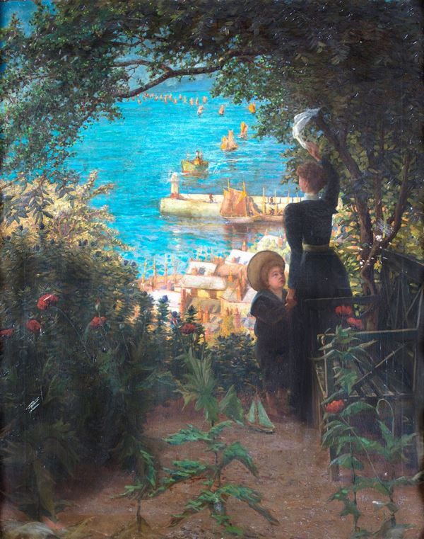 Pittore del XIX secolo - Madre e figlio salutano il passaggio delle barche