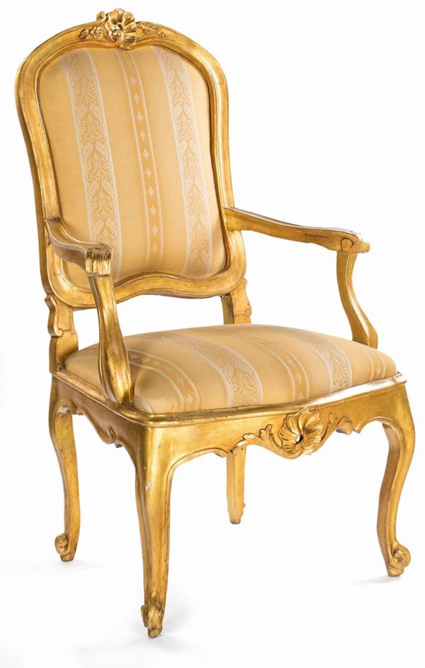 Poltrona in legno dorato, Roma XVIII secolo  - Asta Fine Antiques e Tappeti - Casa d'Aste Arcadia