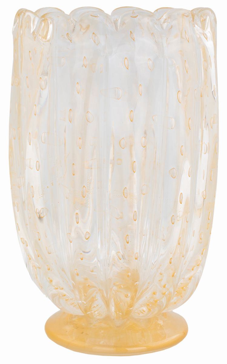 Vaso in Vetro Paglierino con Lumeggiature Dorate, Vetreria Toso, Murano