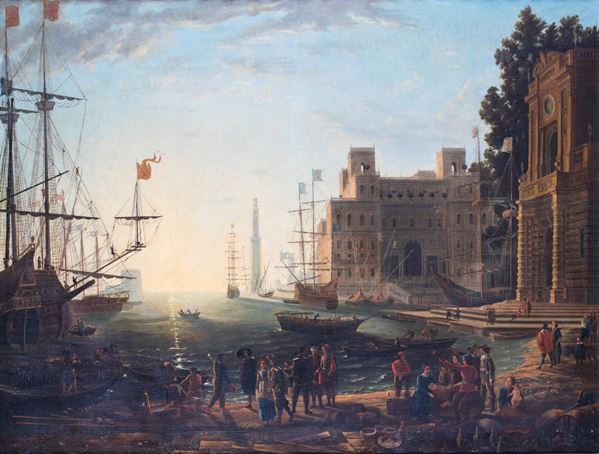 Pittore del XIX secolo - Porto marittimo con l&#39;imbarco della regina di Saba (da Claude Lorrain)