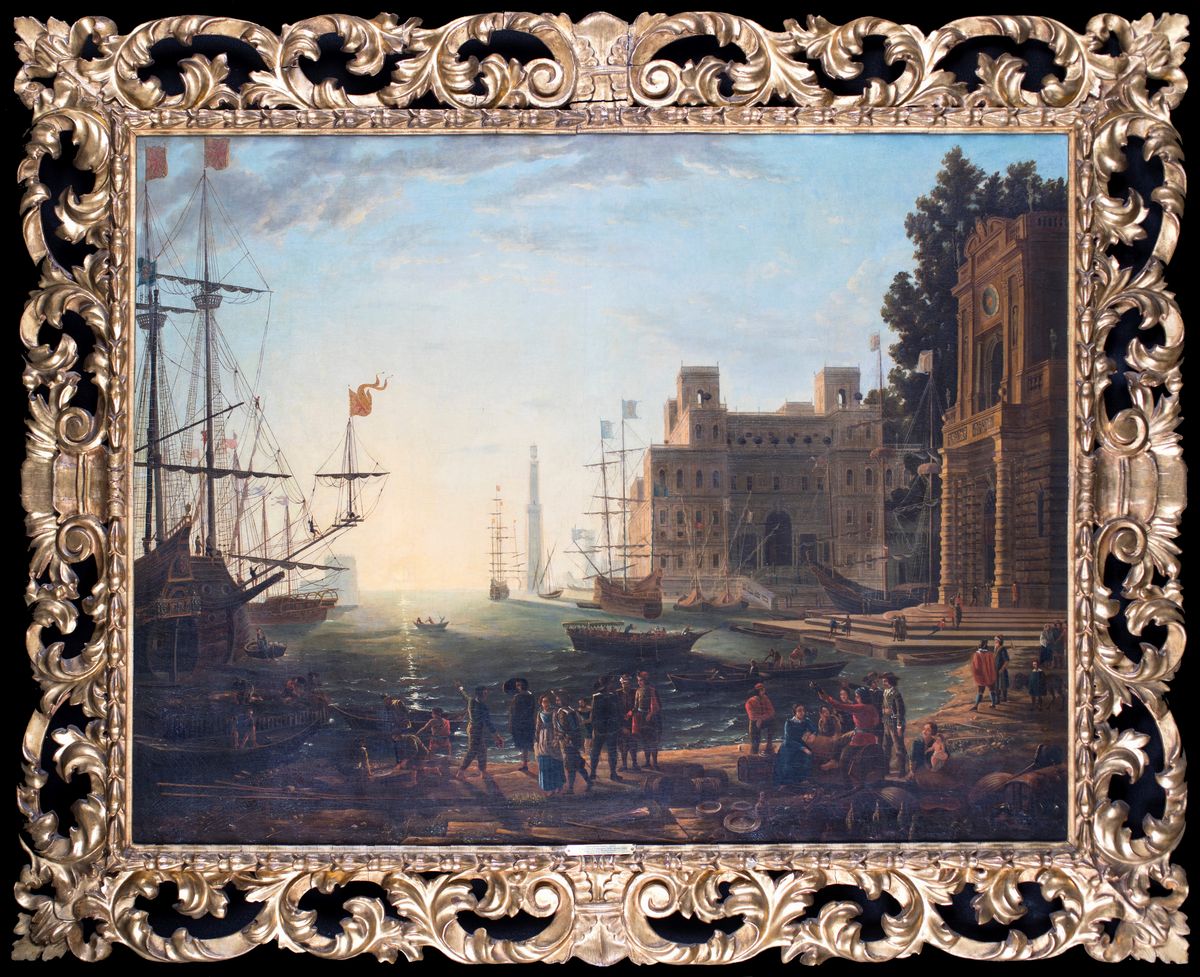Pittore del XIX Secolo - Porto Marittimo con L'imbarco della Regina di Saba (da Claude Lorrain)