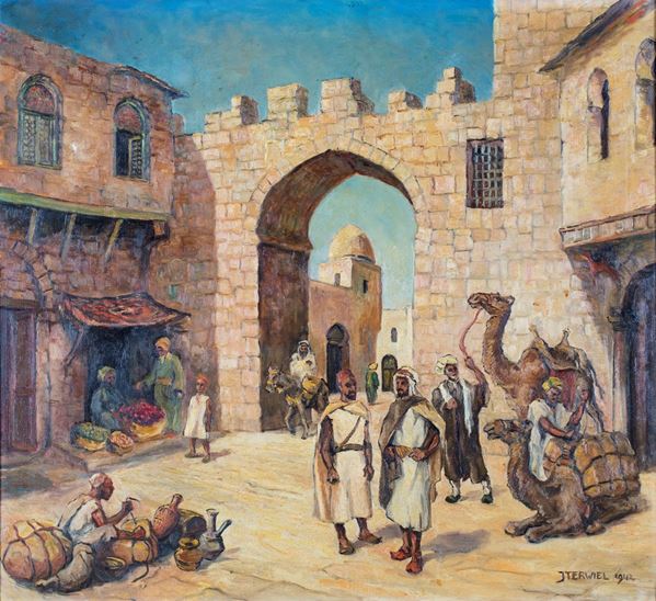 Pittore del XX secolo - Scorcio del Cairo con beduini a cammello