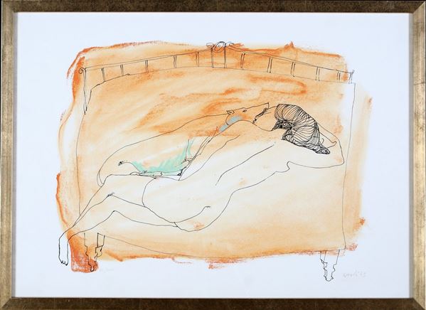 Ugo Attardi : Nudo con cane  (1975)  - Litografia - Asta Asta a Tempo - Arte Moderna e Contemporanea. - Casa d'Aste Arcadia