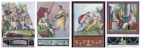 Quattro incisioni acquerellate, fine del XVIII secolo