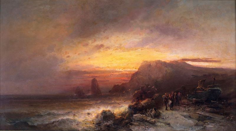 Pittore del XIX Secolo - Tramonto sul Monte Solaro con Figure e Faraglioni in Lontananza