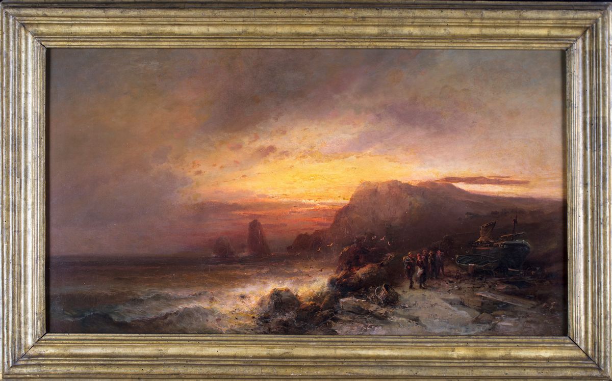 Pittore del XIX Secolo - Tramonto sul Monte Solaro con Figure e Faraglioni in Lontananza