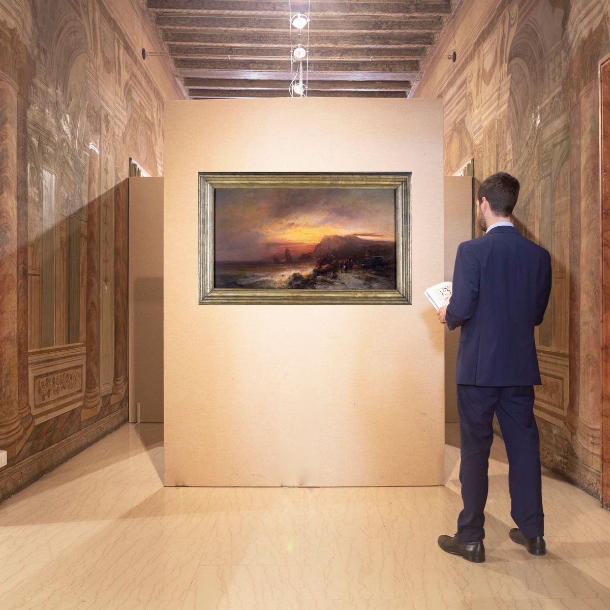 Pittore del XIX Secolo - Tramonto sul Monte Solaro con Figure e Faraglioni in Lontananza