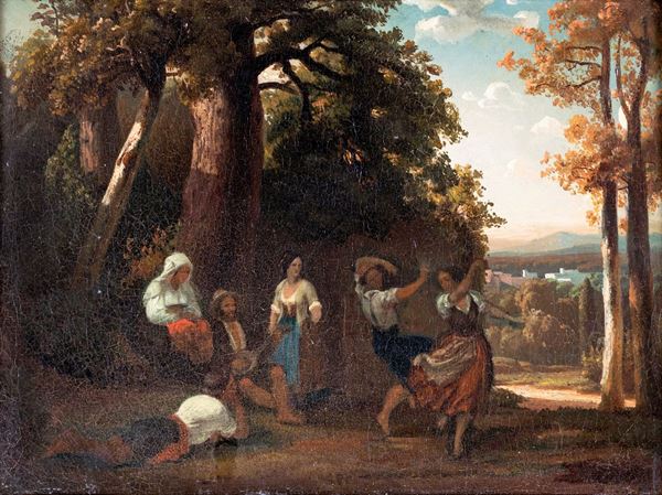 Pittore del XIX secolo - Paesaggio con danzatori di tarantella