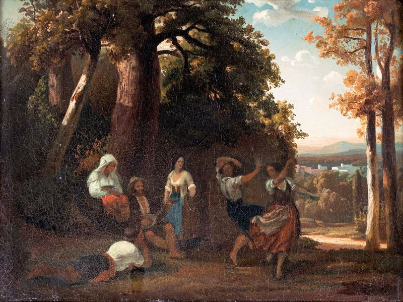 Pittore del XIX Secolo - Paesaggio con Danzatori di Tarantella