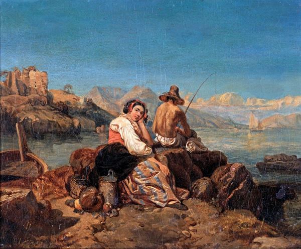 Pittore del XIX secolo - Paesaggio ligure con pescatore e figura femminile in abito tradizionale