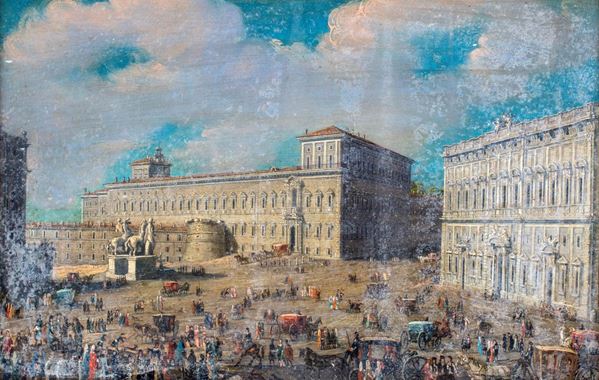 Pittore del XIX secolo - Veduta della piazza e del palazzo del Quirinale a Roma