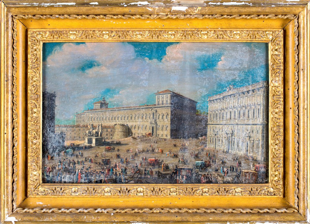 Pittore del XIX Secolo - Veduta della Piazza e del Palazzo del Quirinale a Roma