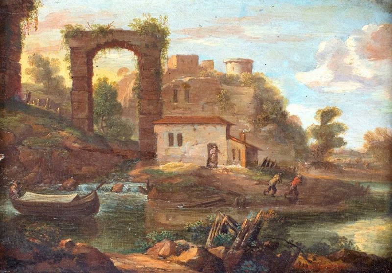 Scuola Veneta del XVIII Secolo - Paesaggio Fluviale con Borgo e Figure