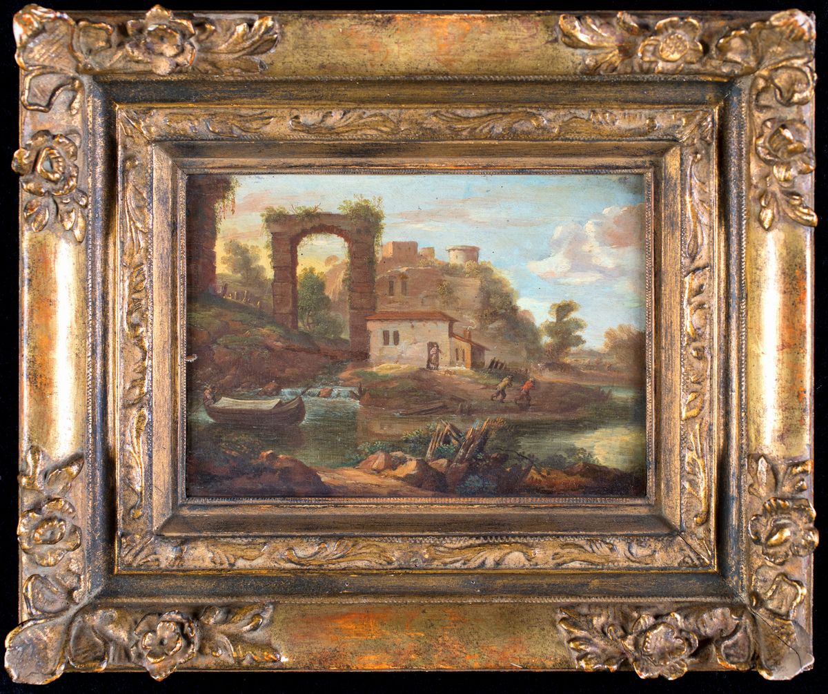 Scuola Veneta del XVIII Secolo - Paesaggio Fluviale con Borgo e Figure