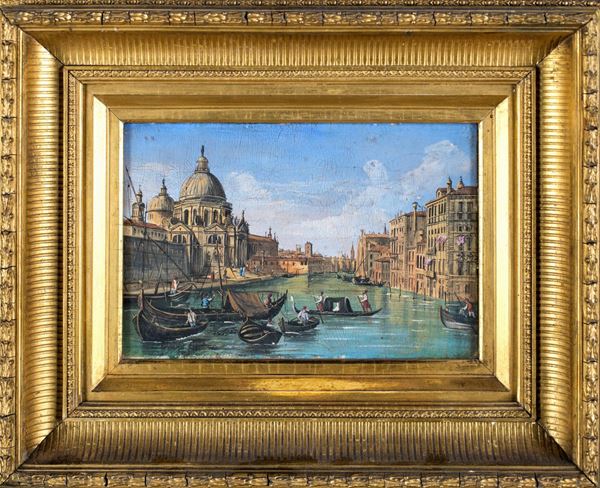 Pittore del XIX secolo - Veduta di Venezia con imbarcazioni all&#39;ingresso del Canal Grande
