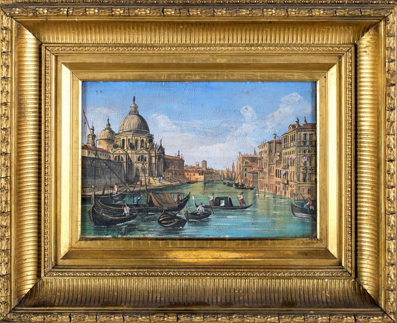 Pittore del XIX Secolo - Veduta di Venezia con Imbarcazioni All'ingresso del Canal Grande