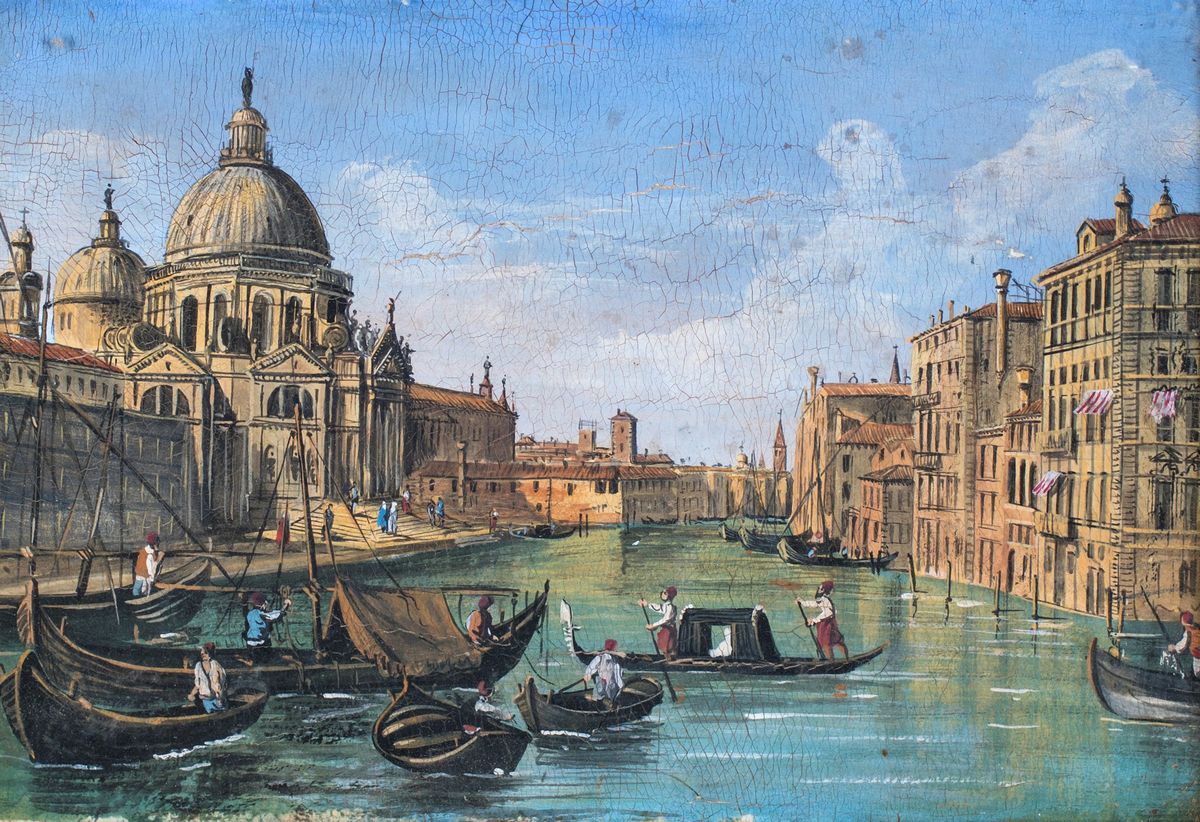 Pittore del XIX Secolo - Veduta di Venezia con Imbarcazioni All'ingresso del Canal Grande