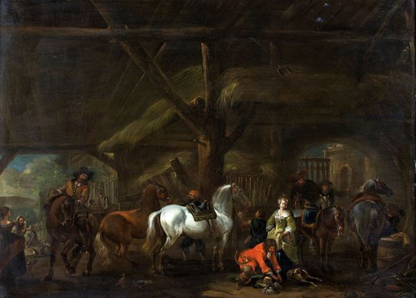 Pieter Wouwerman - Borgo con cavalli e figure