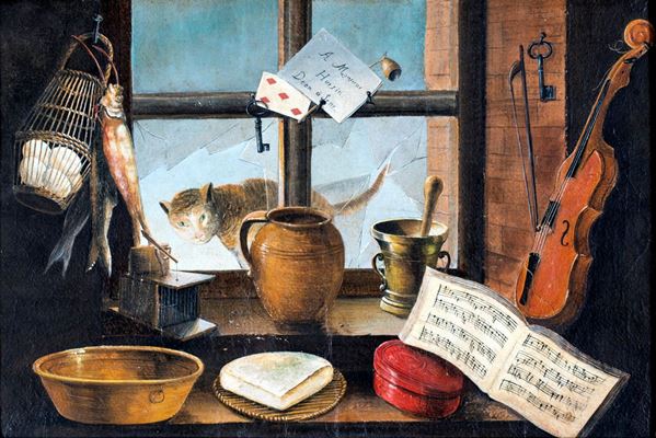 Trompe l&#39;oeil con gatto, spartito musicale e violino
