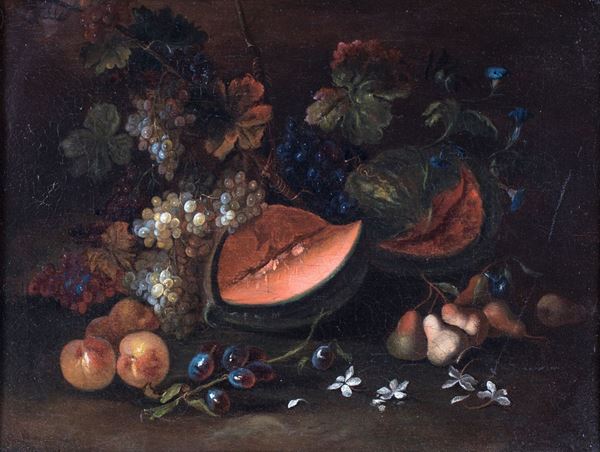 Pittore romano del XVII secolo - Natura morta di frutta con uva e melone
