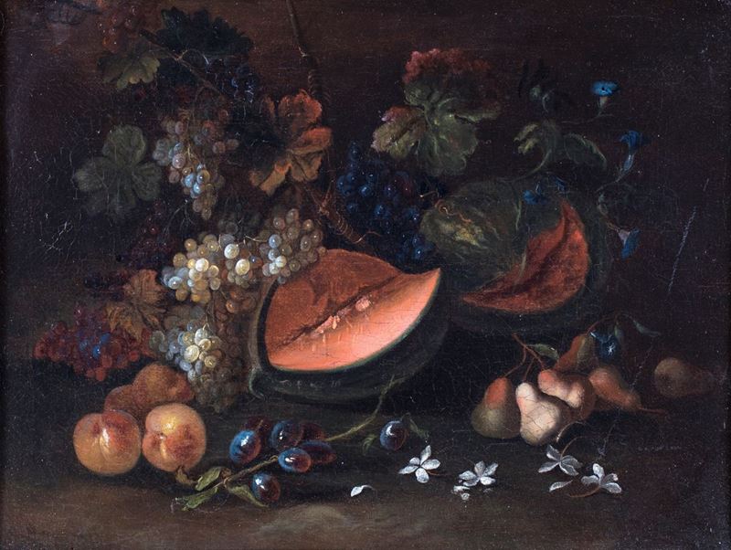 Pittore Romano del XVII Secolo - Natura Morta di Frutta con Uva e Melone