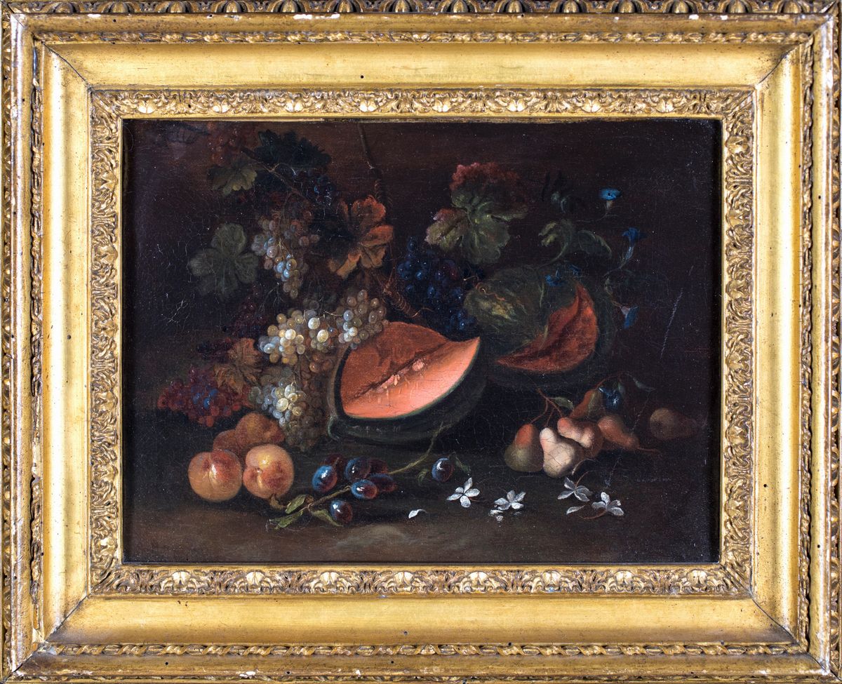 Pittore Romano del XVII Secolo - Natura Morta di Frutta con Uva e Melone