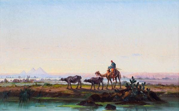 Giuseppe Scognamiglio - Paesaggio con beduino, bufali e piramidi in lontananza