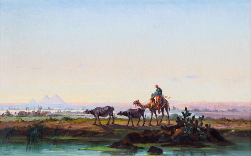 Giuseppe Scognamiglio - Paesaggio con Beduino, Bufali e Piramidi in Lontananza