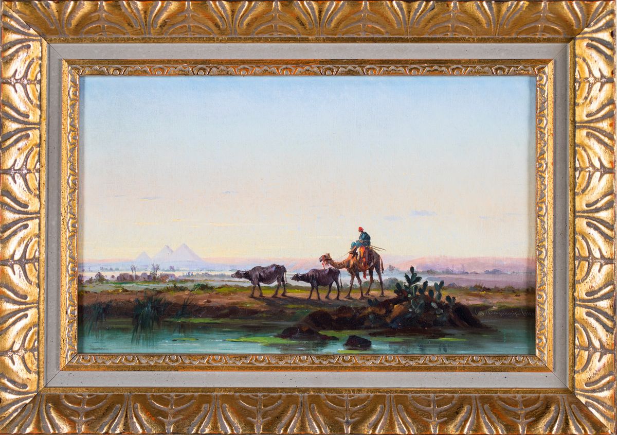 Giuseppe Scognamiglio - Paesaggio con Beduino, Bufali e Piramidi in Lontananza