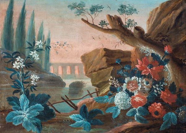 Pittore del XIX secolo - Paesaggio con acquedotto romano e composizione floreale