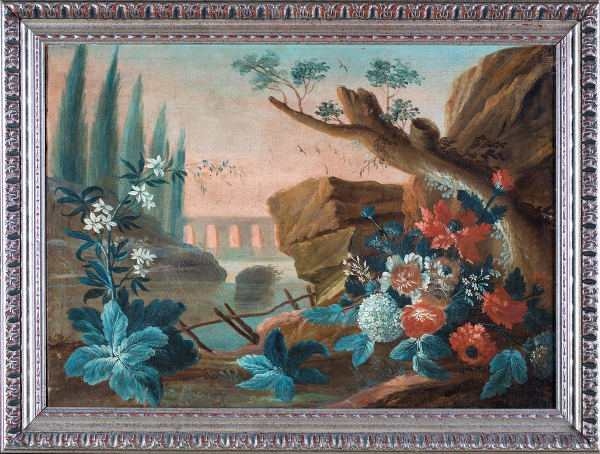 Pittore del XIX Secolo - Paesaggio con Acquedotto Romano e Composizione Floreale