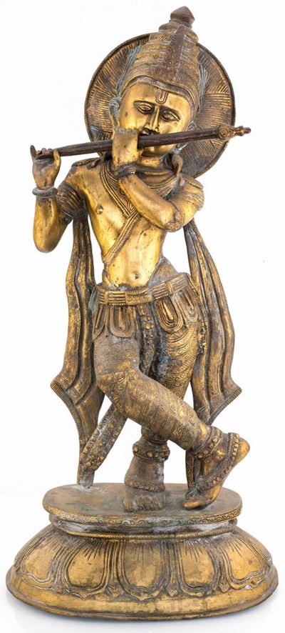 Krishna in Bronzo Dorato, India, Fine XIX Secolo