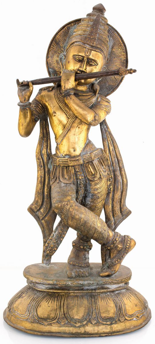 Krishna in Bronzo Dorato, India, Fine XIX Secolo