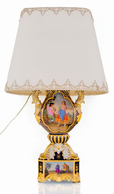 Lampada da Tavolo in Porcellana Policroma e Dorata, XIX Secolo